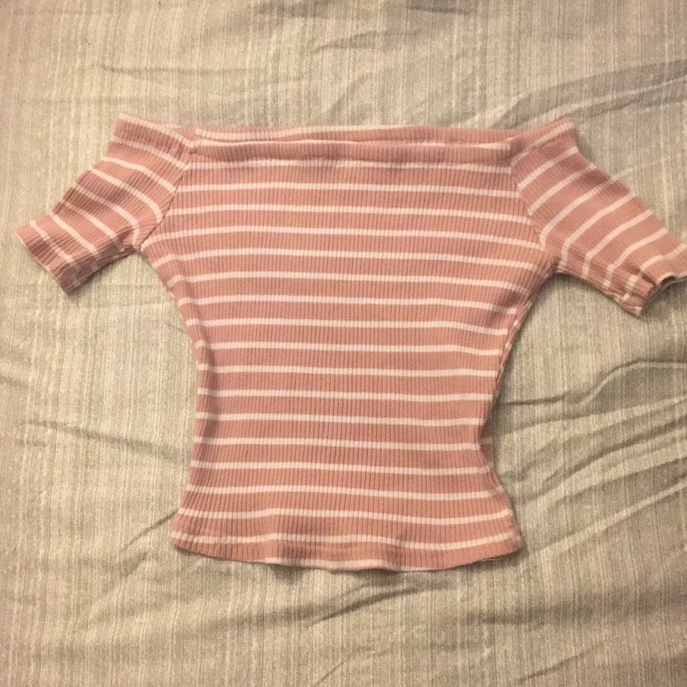 Pink and white stripped off the shoulder top.